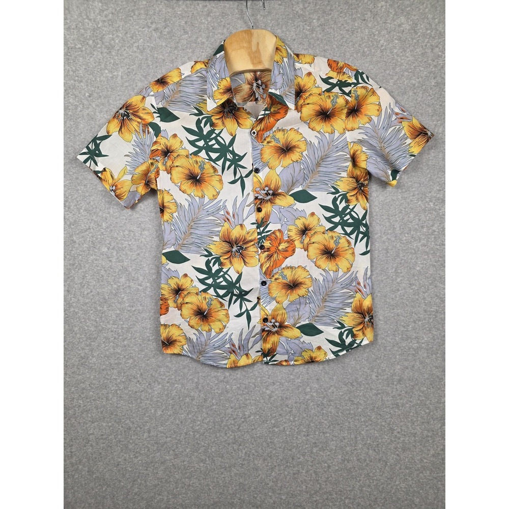 VatPave Hawaiian Shirt‎ Mens Medium Yellow Floral Short Sleeve Button Cotton